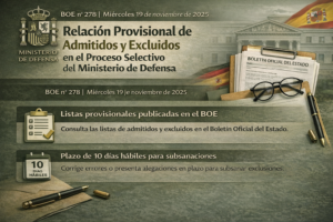 Ministerio de Defensa Publica las Listas Provisionales de Admitidos,  Excluidos y Fecha de Examen
